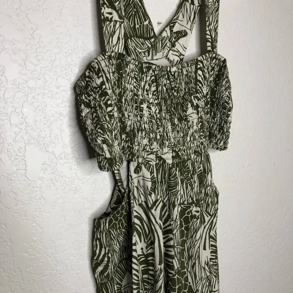 Anthropologie moss green cream safari animal cutout dress size XL Petite NWT